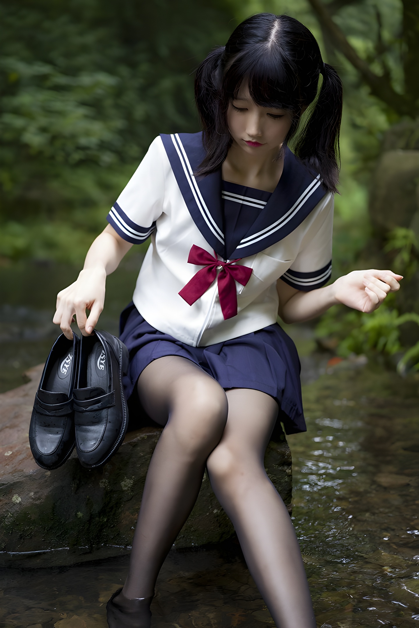 魔物喵黑丝制服野外写真：激萌学生妹的性感与清纯碰撞