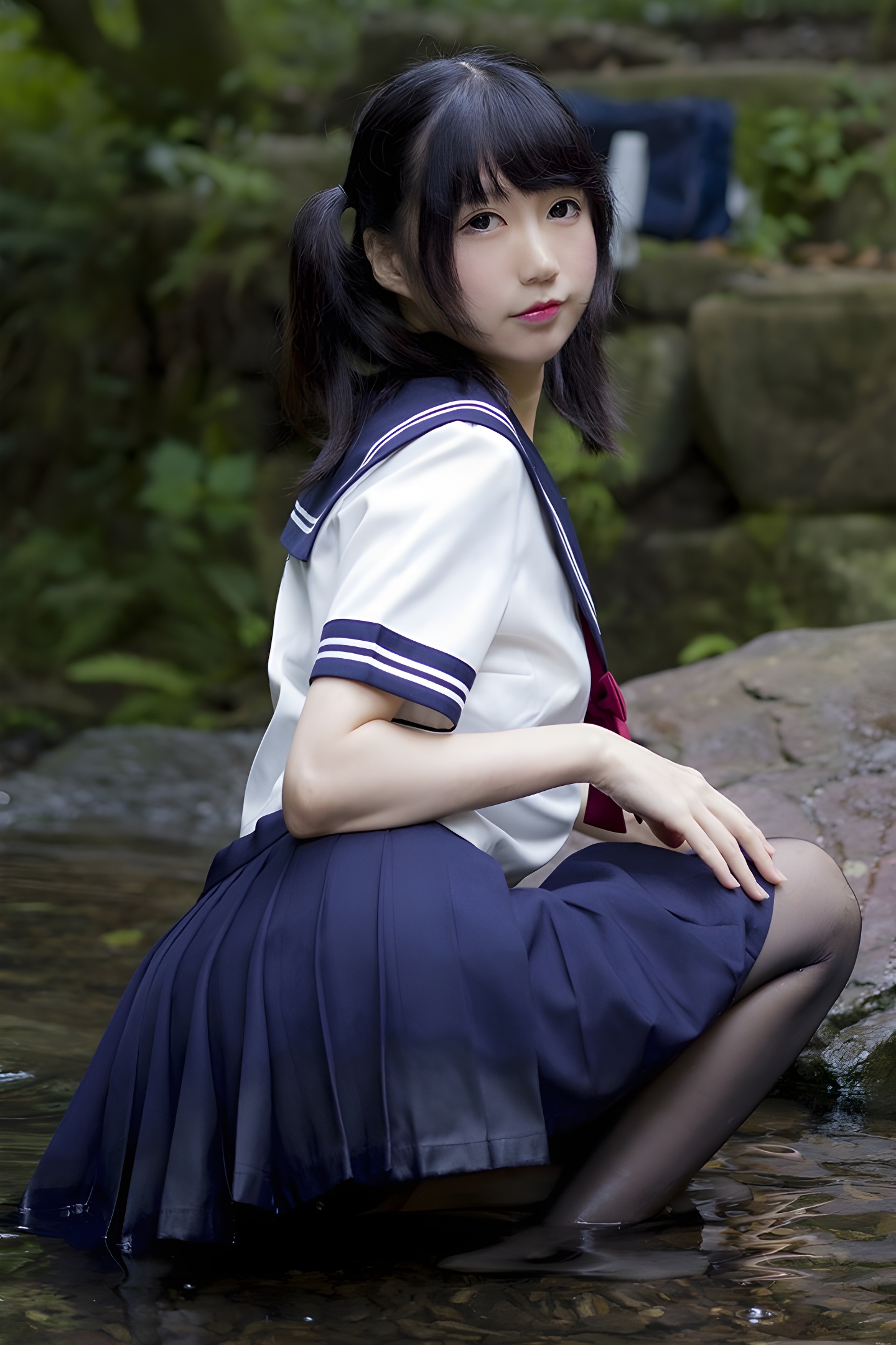 魔物喵黑丝制服野外写真：激萌学生妹的性感与清纯碰撞