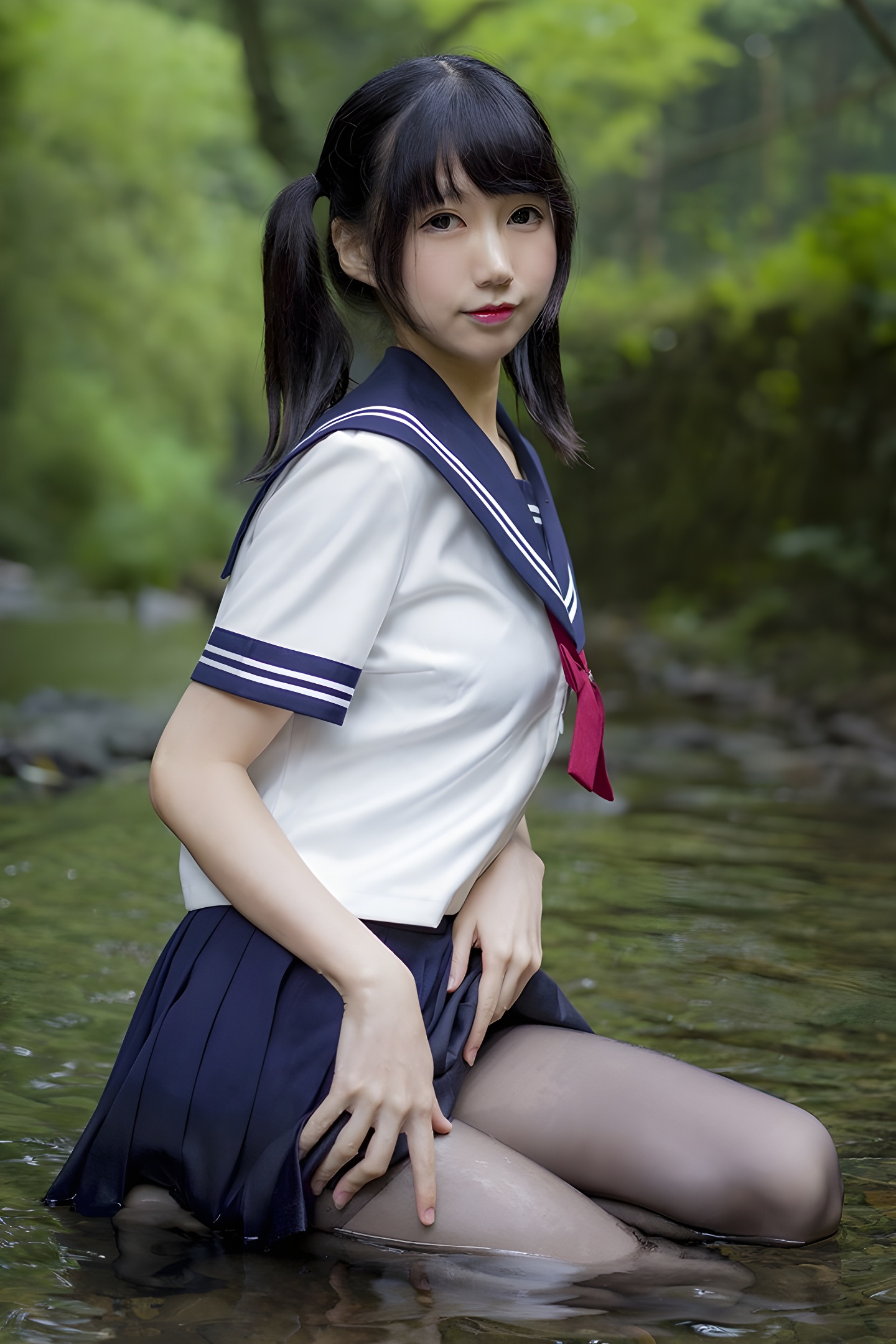 魔物喵黑丝制服野外写真：激萌学生妹的性感与清纯碰撞