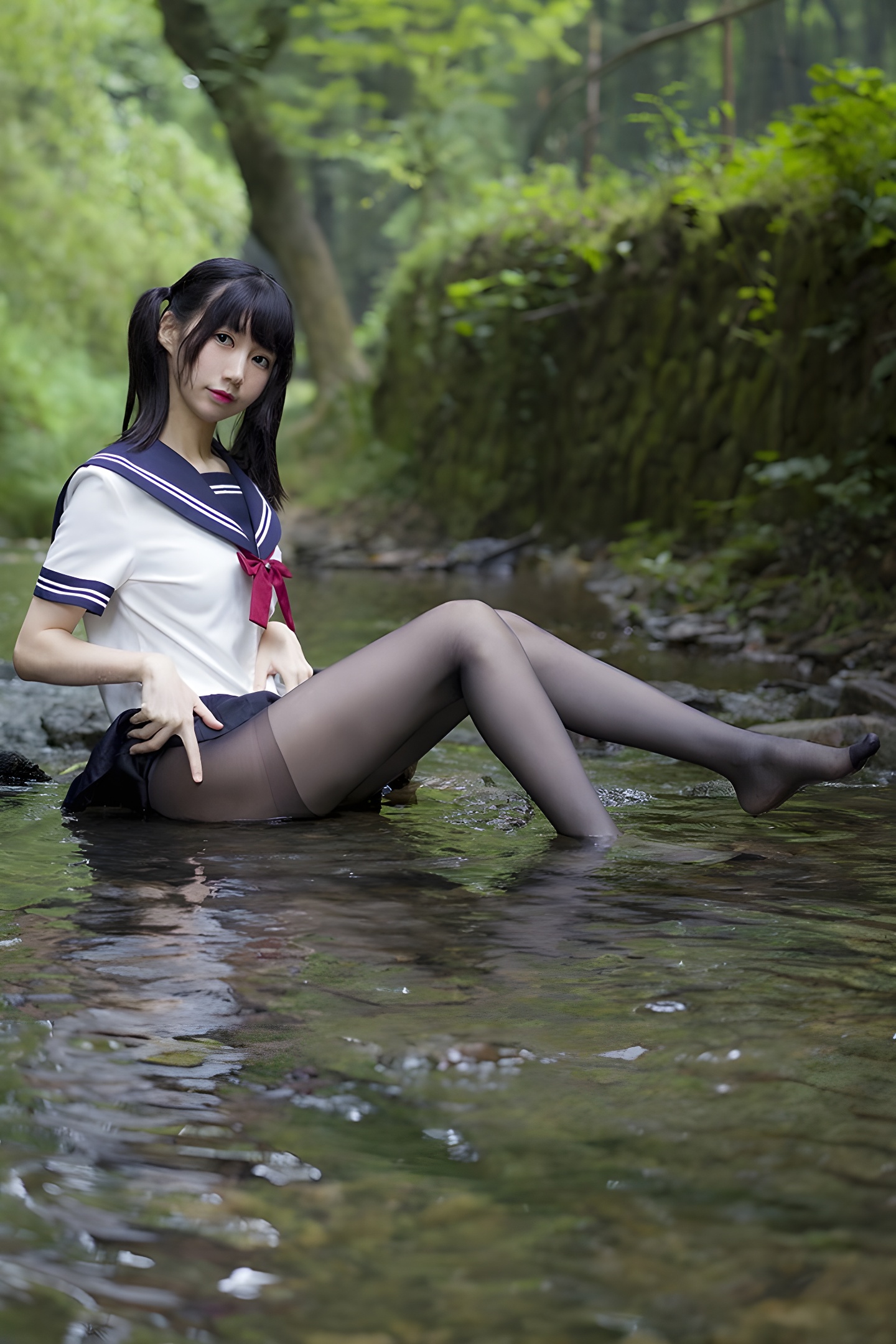 魔物喵黑丝制服野外写真：激萌学生妹的性感与清纯碰撞