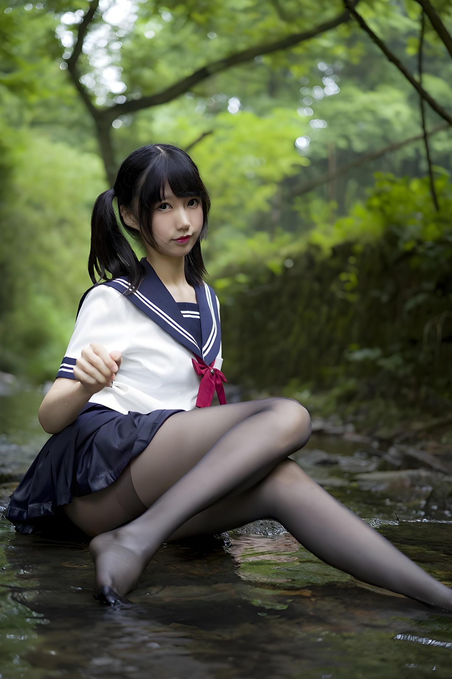 魔物喵黑丝制服野外写真：激萌学生妹的性感与清纯碰撞