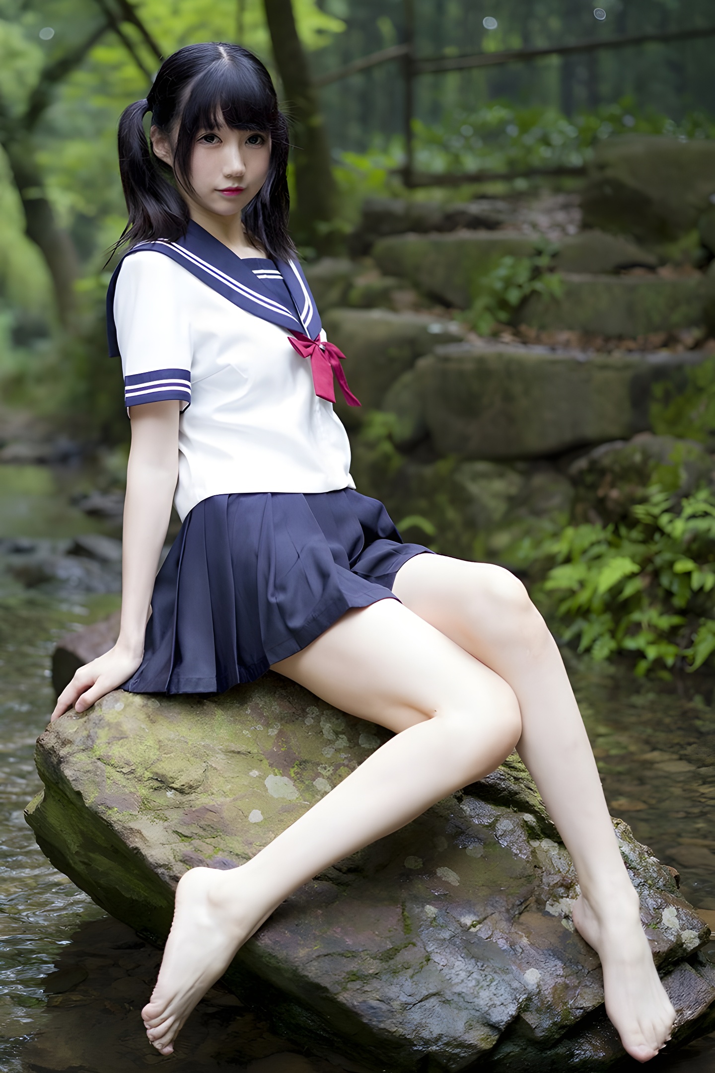 魔物喵黑丝制服野外写真：激萌学生妹的性感与清纯碰撞