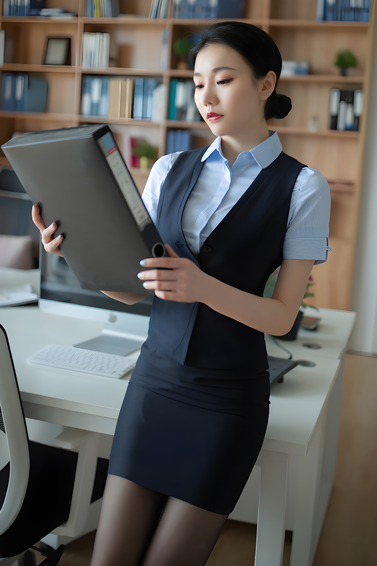 职场OL安然制服写真 白衬衫黑裙尽显傲人身材